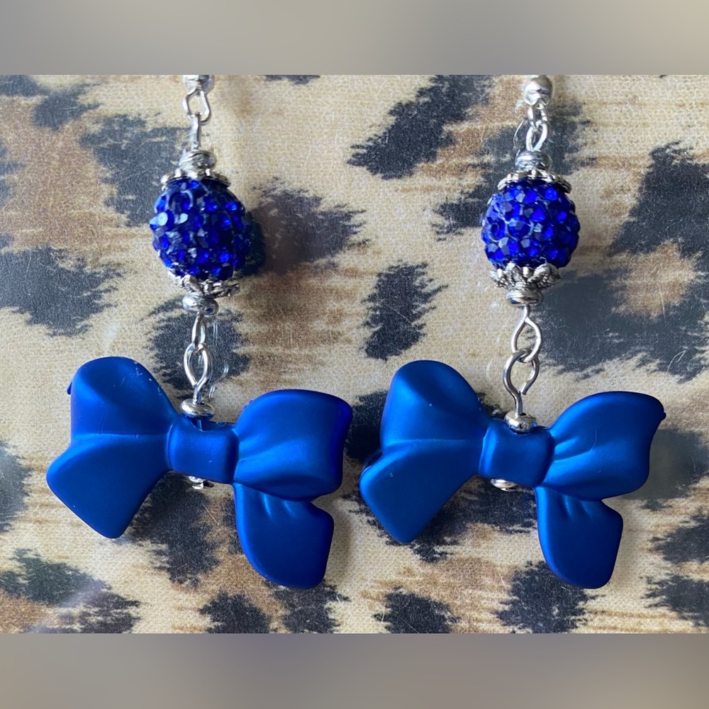 Elegant Royal Blue Bow and Sparkling Rhinestone Earrings